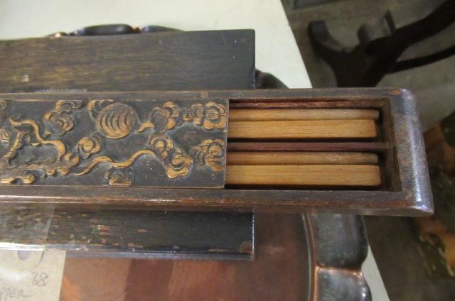 COPPER TRAY   OAK MUSIC BOX AND CASED CHOPSTICKS Image