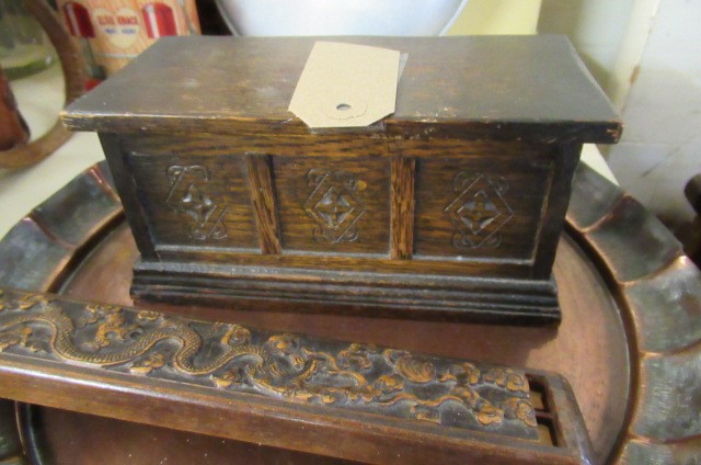 COPPER TRAY   OAK MUSIC BOX AND CASED CHOPSTICKS Image