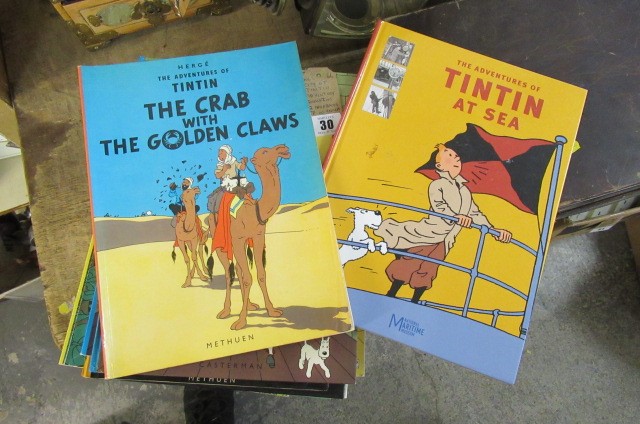QUANTITY OF TINTIN ADVENTURE BOOKS INCLUDING TWO FRENCH HARDBACKS  Image