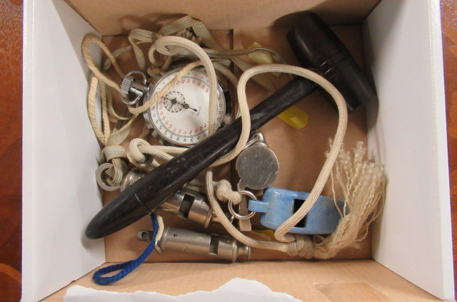 BOX OF WHISTLES  STOP WATCH AND A GAVEL Image