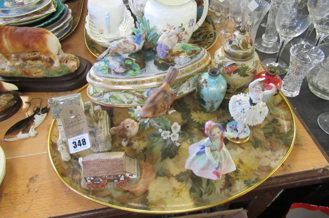 TRAY OF CERAMICS AND THREE CLOISONNE VASES Image
