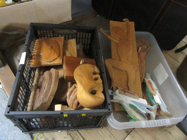 TWO BOXES OF WOODEN CARVINGS ETC Image
