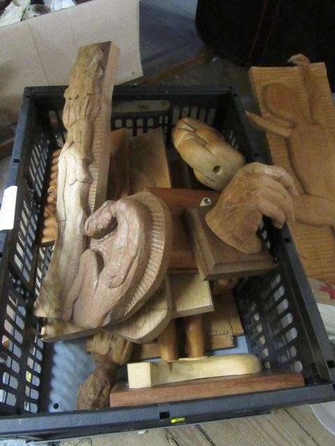 TWO BOXES OF WOODEN CARVINGS ETC Image