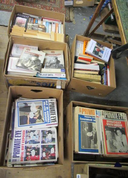 FIVE BOXES BOOKS INCLUDING TRAIN    LITERATURE AND PRIVATE EYE MAGAZINES Image