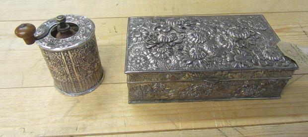 JAPANESE SILVER PLATED BOX AND PEPPER GRINDER Image