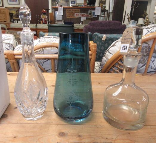 TWO DECANTERS AND A ROYAL COPENHAGEN GLASS VASE Image