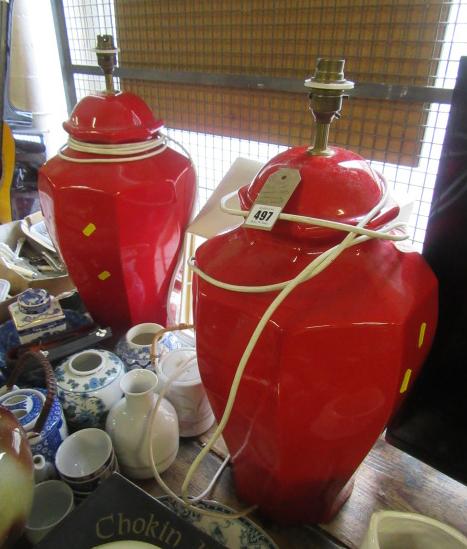 PAIR OF LARGE RED CERAMIC TABLE LAMPS Image