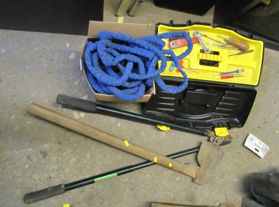 BOX OF TOOLS AND HOSE ETC Image