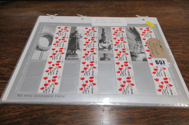 FIVE FULL SHEETS OF MINT STAMPS Image