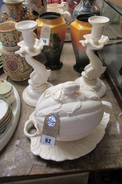 LEEDS CREAMWARE TUREEN AND A PAIR OF CANDLESTICKS Image