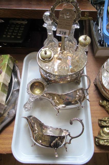 SILVER PLATED CONDIMENT SET AND TWO SAUCE BOATS ETC Image