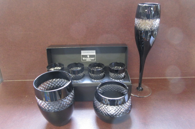 WATERFORD BLACK LISMORE SET OF FOUR BOXED SHOT GLASSES  AND THREE OTHERS MATCHING Image