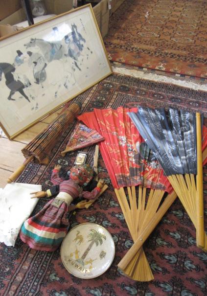 BOX OF ORIENTAL PUPPETS  FANS  UMBRELLAS ETC Image