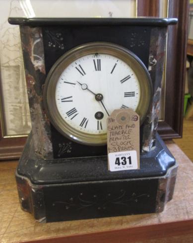 SLATE AND MARBLE MANTEL CLOCK AND THREE PRINTS Image