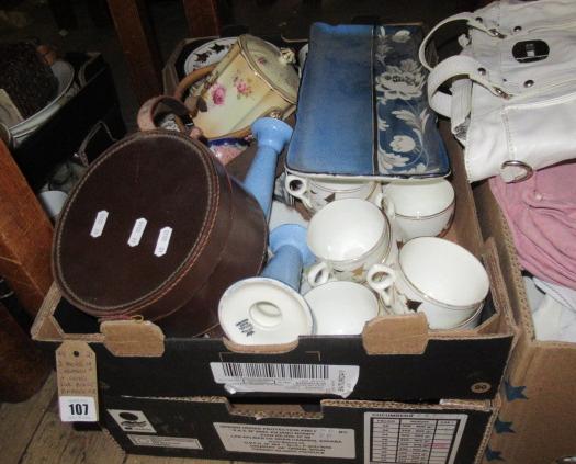 TWO BOXES OF CERAMICS AND GLASS INCLUDING BISCUIT BARREL Image