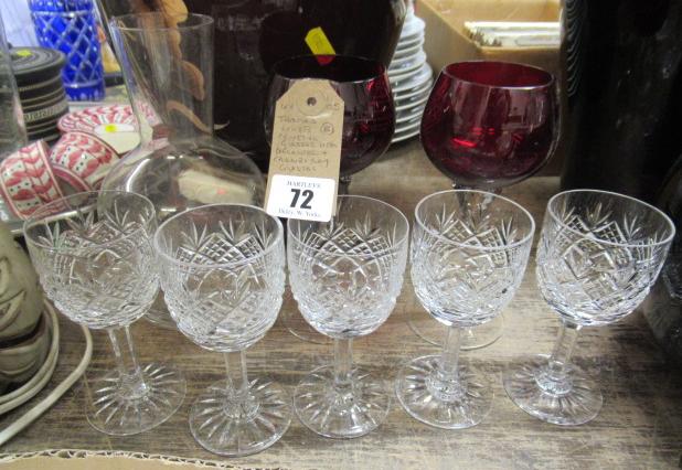 THOMAS WEBB CRYSTAL GLASSES  DECANTER AND A PAIR OF CRANBERRY GLASSES Image