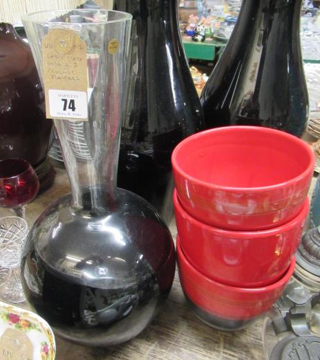 LARGE GLASS VASE AND THREE CERAMIC PLANTERS Image