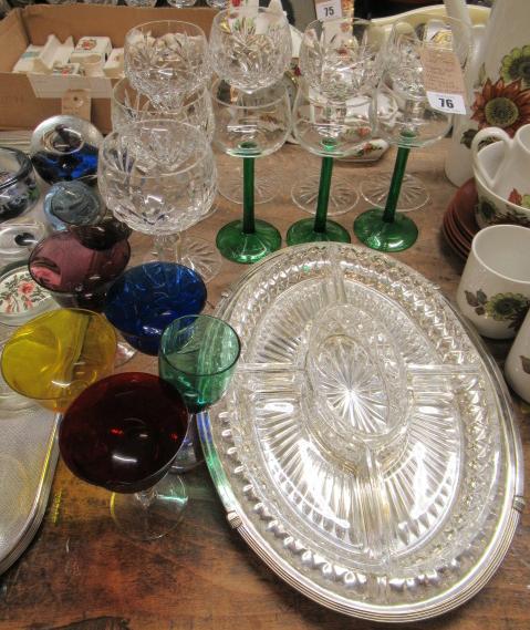 QUANTITY OF HOCK AND OTHER GLASSES INCLUDING PLATED HORS D' OEUVRES ETC Image