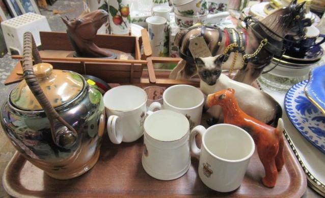 TRAY OF CERAMICS INCLUDING CART HORSE AND CAT Image