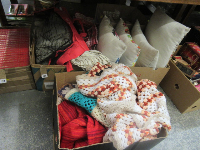 FOUR BOXES OF FABRIC INCLUDING OWL CUSHIONS AND RETRO CURTAINS Image