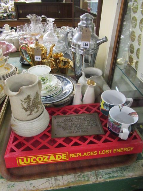 TRAY INCLUDING 1930S COCKTAIL SHAKER AND ROYAL ALBERT CUPS AND SAUCERS ETC Image