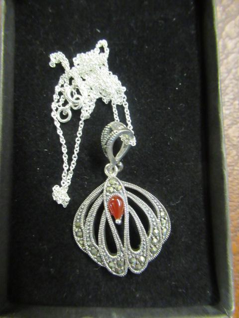 SILVER CORNELIAN AND MARCASITE PENDANT ON SILVER CHAIN Image