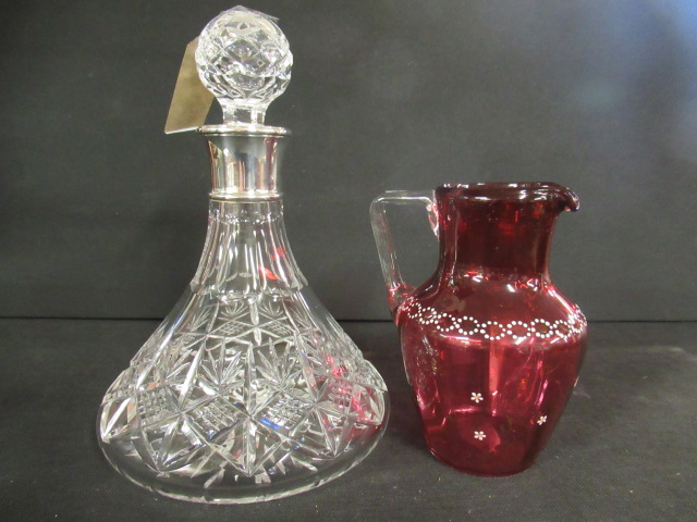 SILVER RIMMED DECANTER AND CRANBERRY JUG Image