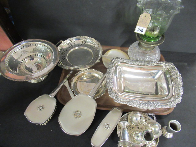 TRAY OF SILVER PLATED ITEMS INCLUDING VICTORIAN OIL LAMP Image