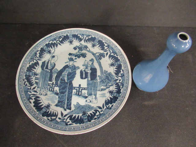 CHINESE BLUE AND WHITE PLATE AND A POWDER BLUE VASE Image