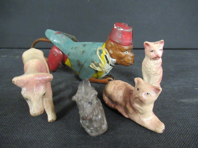 FOUR PAPIER MACHE ITEMS AND A MONKEY FIGURE Image