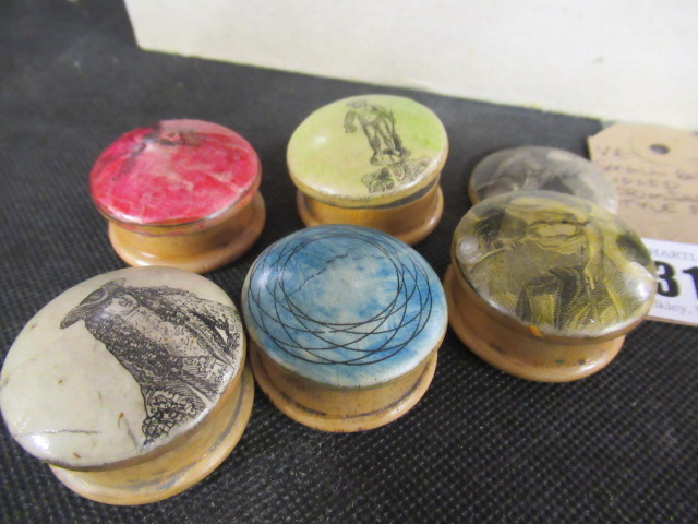 SMALL BOX OF LIDDED SCRIMSHAW STYLE POTS Image
