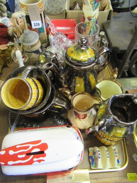 TRAY OF TANKARDS  GLASS BELLS AND BUNNIKINS ETC Image