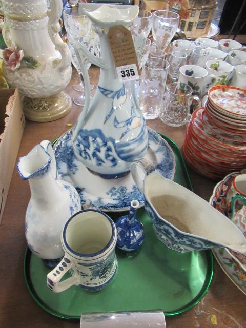 TRAY OF BLUE AND WHITE CHINA INCLUDING ART NOUVEAU VASE AND MINIATURE PRUNUS PATTERN VASE Image