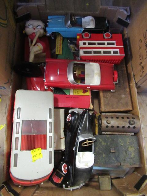 BOX OF VINTAGE TOY CARS AND BETTY BOOP ETC Image