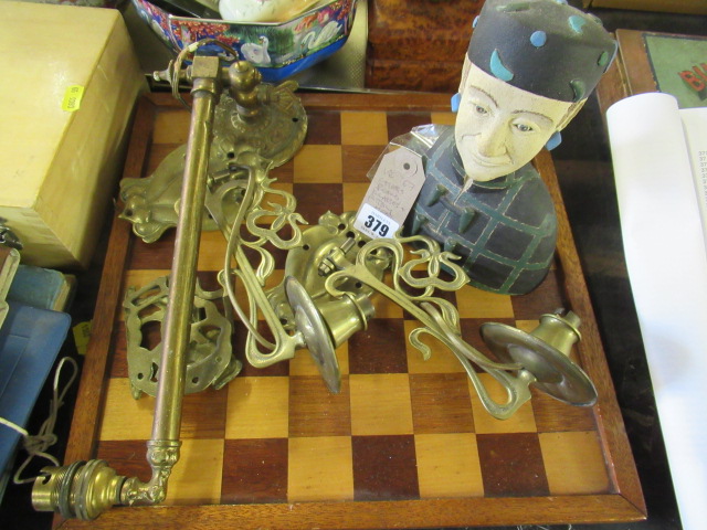 CHESS BOARD  BRASS ITEMS AND A SARAH MCDADE STUDIO STONEWARE POTTERY HEAD Image