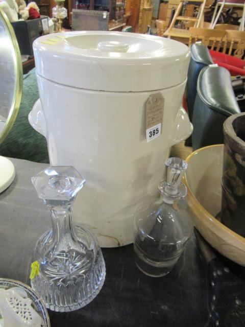 LARGE STONEWARE LIDDED POT AND TWO DECANTERS Image