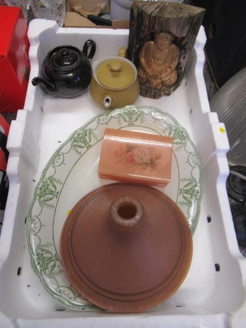 TRAY OF MISCELLANEOUS INCLUDING TEAPOTS AND BUDDHA ETC Image