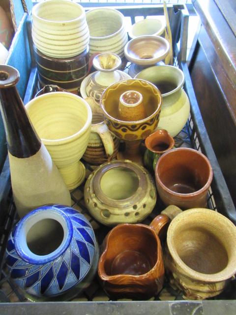 TRAY OF STONEWARE AND STUDIO POTTERY JUGS AND VAES ETC Image
