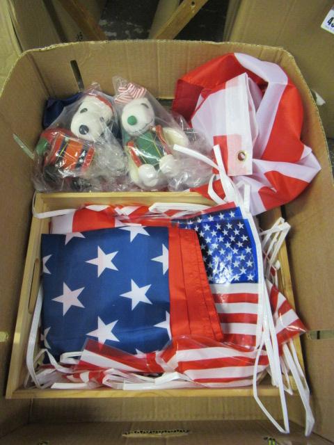 BOX OF SOFT TOYS AND USA FLAG ETC Image