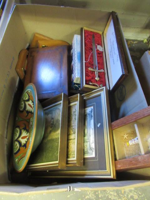 BOX OF MISCELLANEOUS INCLUDING GOUDA PLATE AND PRINTS ETC Image