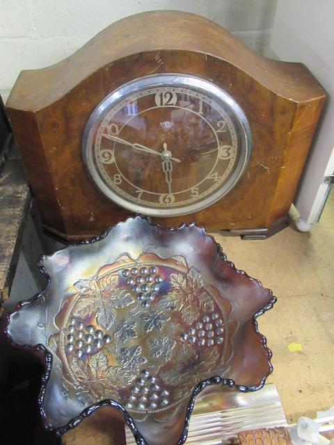 WALNUT ART DECO MANTLE CLOCK AND CARNIVAL GLASS DISH Image