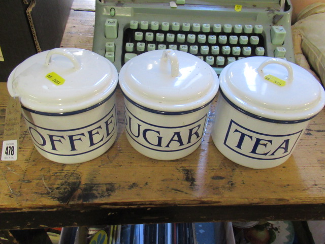 THREE ENAMEL TEA  COFFEE AND SUGAR CANISTERS Image