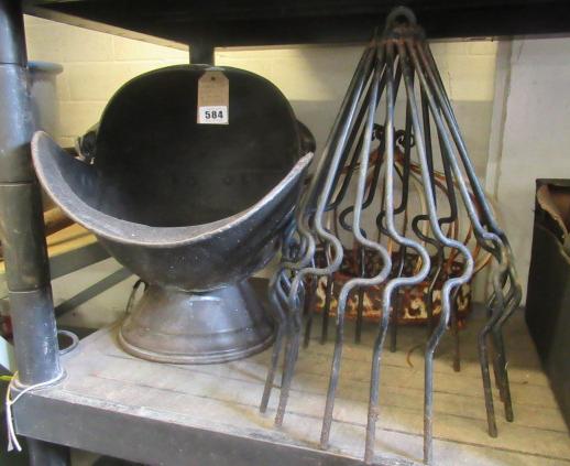 COPPER COAL HELMET AND TWO METAL PLANTERS Image