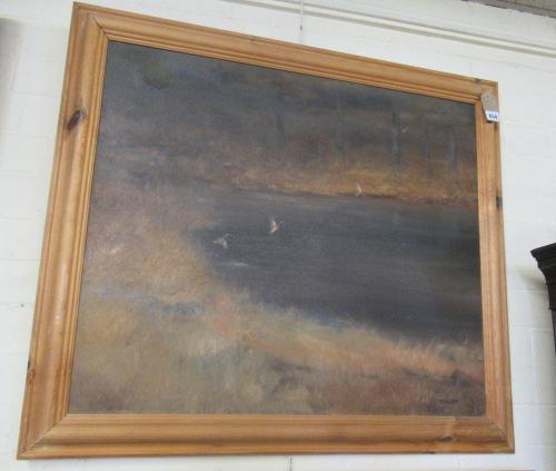 PINE FRAMED OIL ON CANVAS GEESE OVER WATER BY T LUKKEN Image