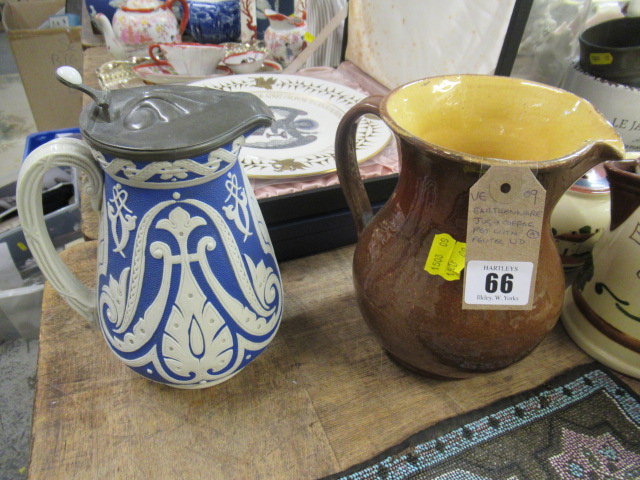 EARTHENWARE JUG AND  COFFEE POT WITH PEWTER LID Image