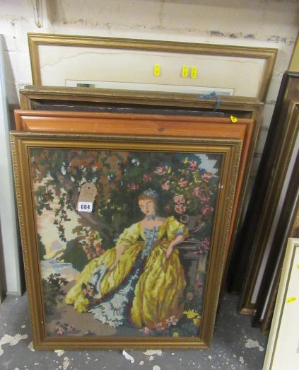 FIVE PICTURES INCLUDING OIL  TAPESTRY AND A MIRROR Image