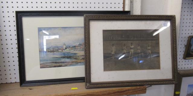 SIGNED COASTAL WATERCOLOUR AND VINTAGE ROWERS PHOTO Image