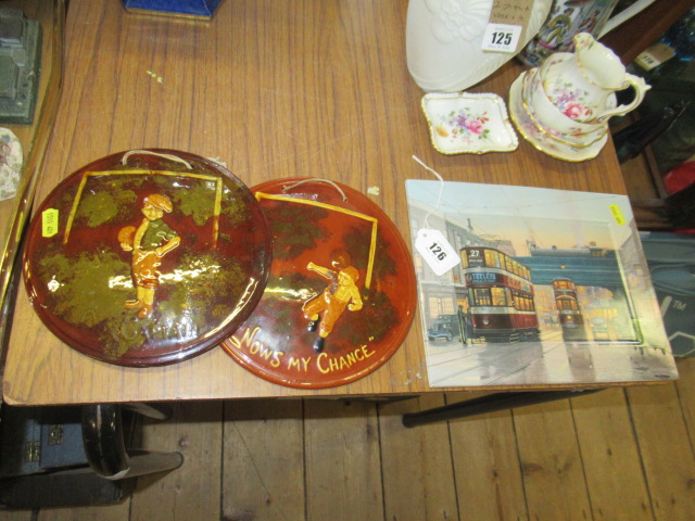 TWO CERAMIC VINTAGE FOOTBALL PLAQUES AND A PLATE Image