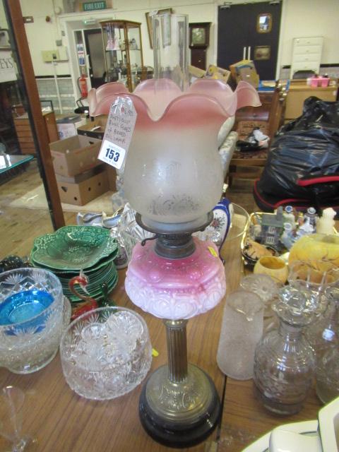 ANTIQUE PINK GLASS AND BRASS OIL LAMP Image