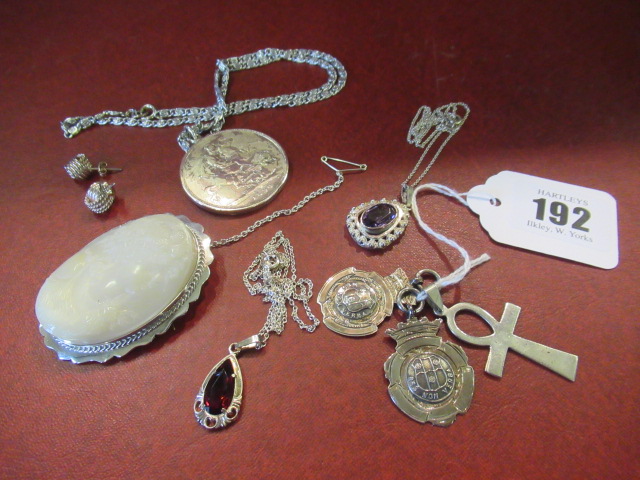 THREE SILVER PENDANTS AND TWO CHAINS, TWO SILVER MEDALLIONS AND COSTUME JEWELLERY Image